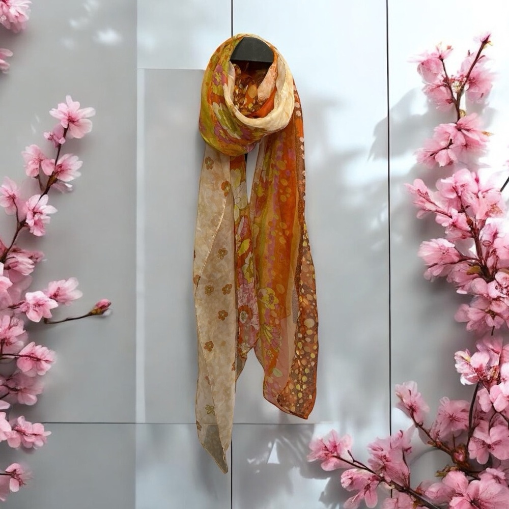 MOSI Silk Touch Floral Scarf Lightweight Wrap Orange Cream 69.5”